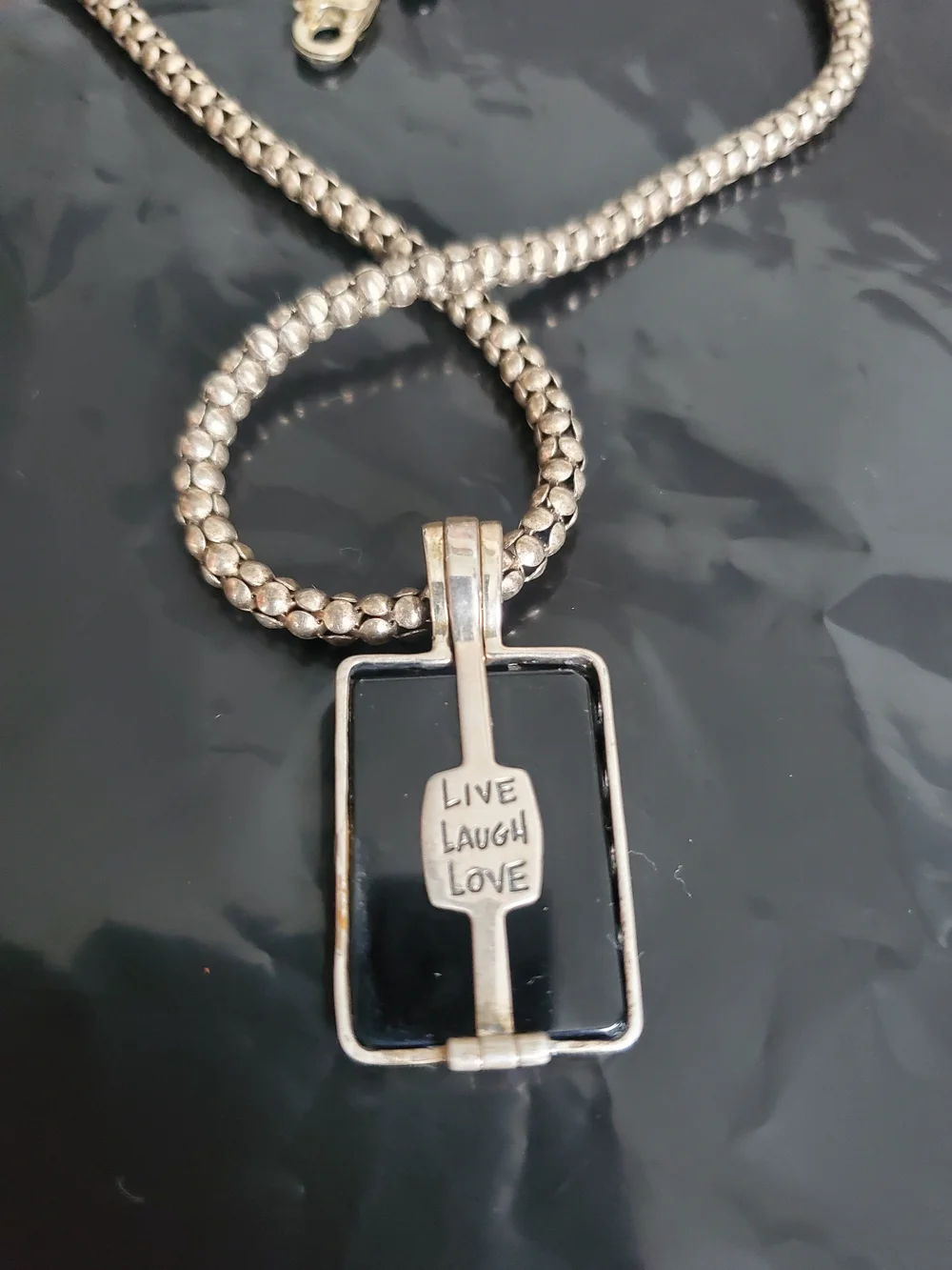Vintage 925 'Live Laugh Love' Black Onyx Pendant Necklace 17